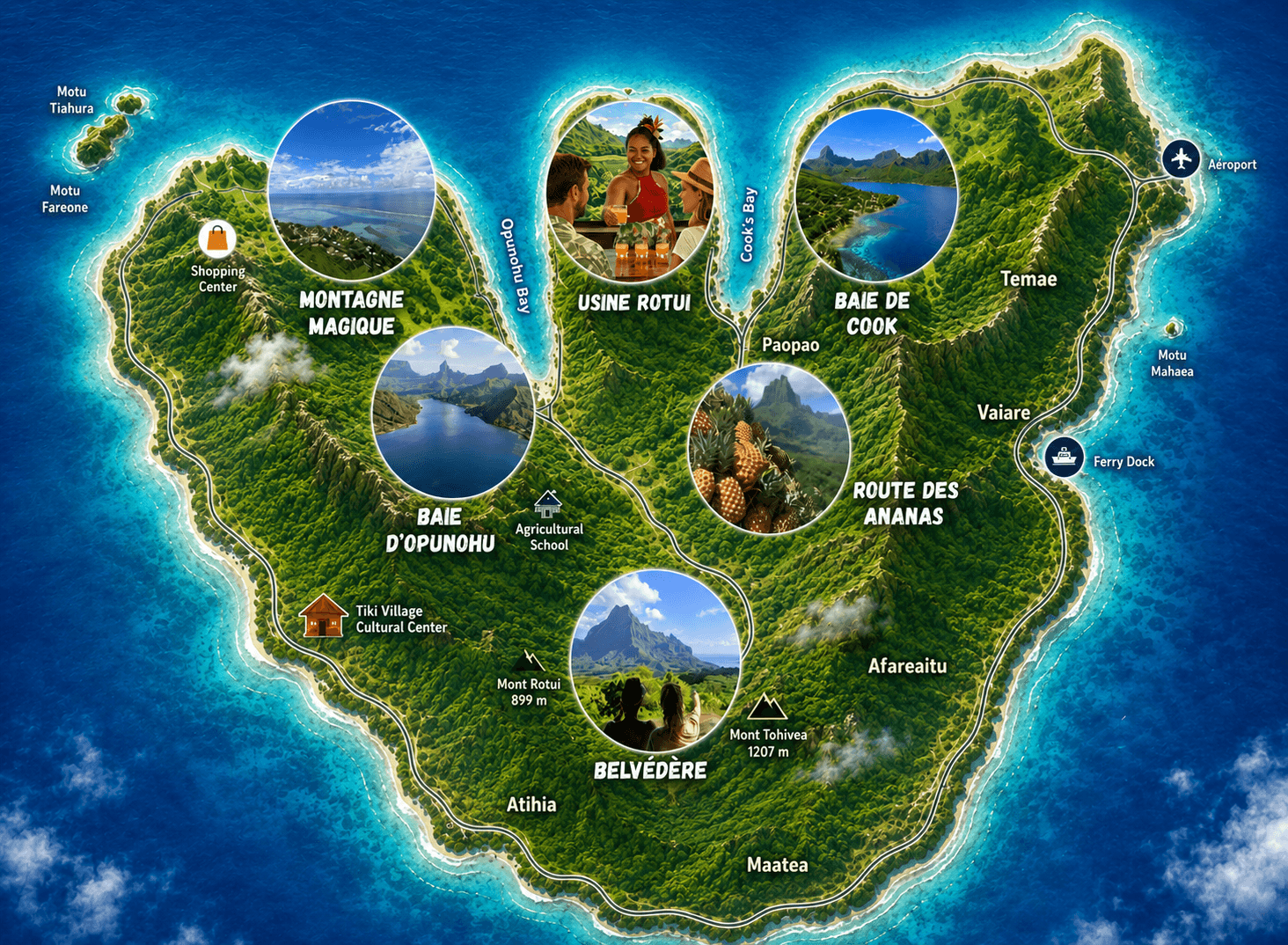 Carte de Moorea — spots Safari Mario (Belvédère, Baie de Cook, Baie d'Opunohu, Usine Rotui, Route des Ananas, Montagne magique)